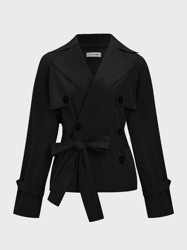 Trendy Solid Color Lapel Double Breasted Long Sleeve Trench Coat, Jackets