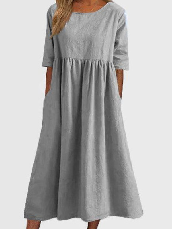 Pleated Pockets Solid Color A-Line Half Sleeves Round-Neck Midi Dresses