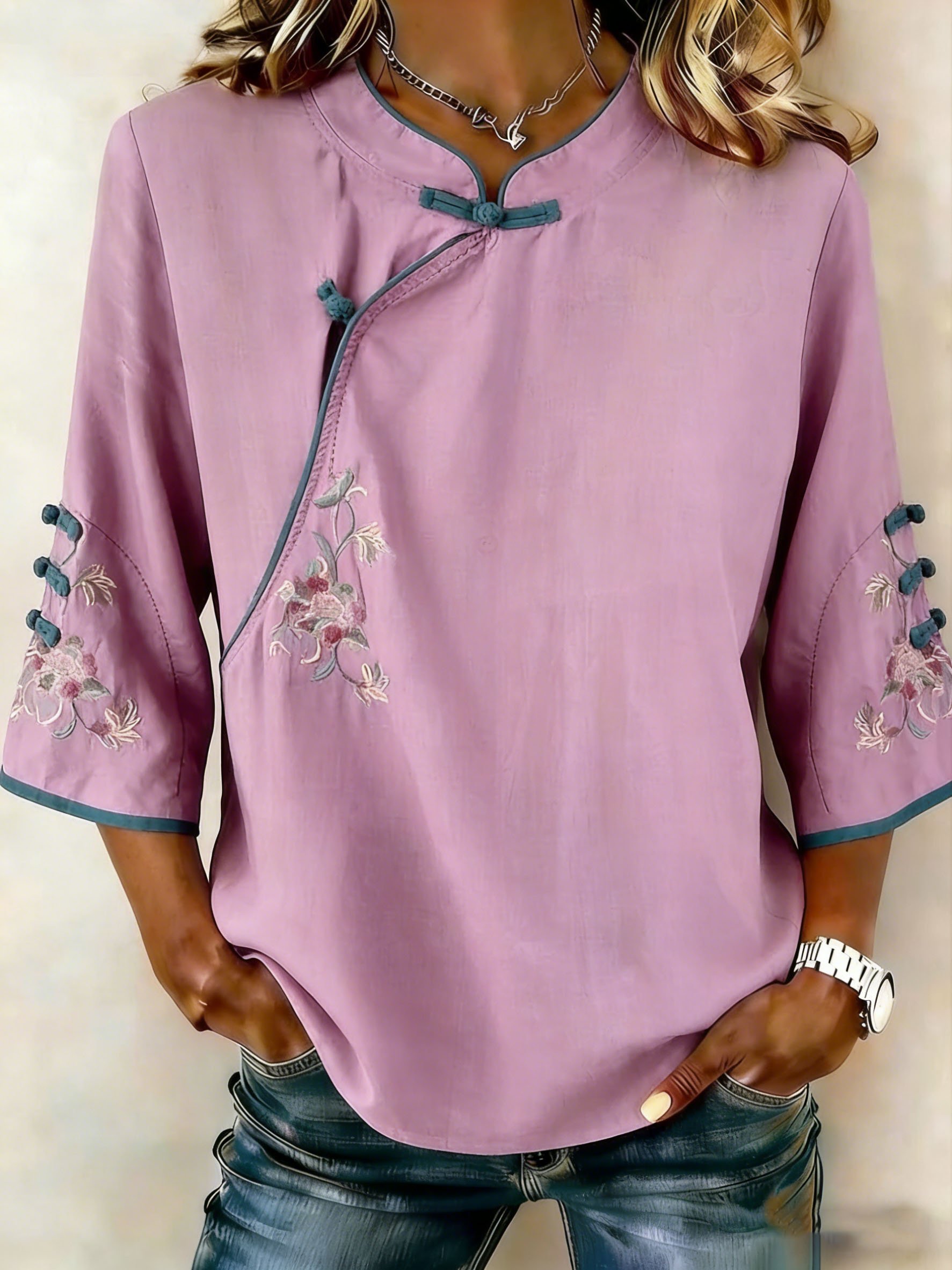 Women's Retro Floral Diagonal Placket Button Cotton Linen Three-Quarter Sleeve Shirt