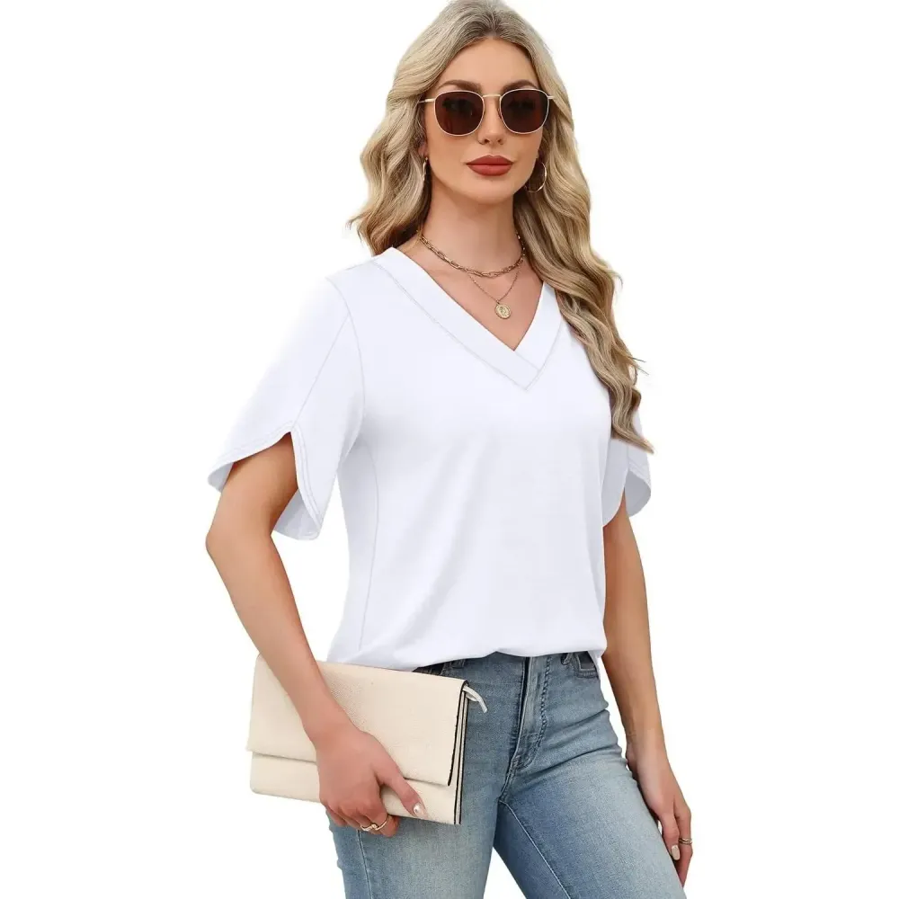 Womens Summer Tops Short Petal Sleeve Shirts Fashion V Neck Outfits Clothes