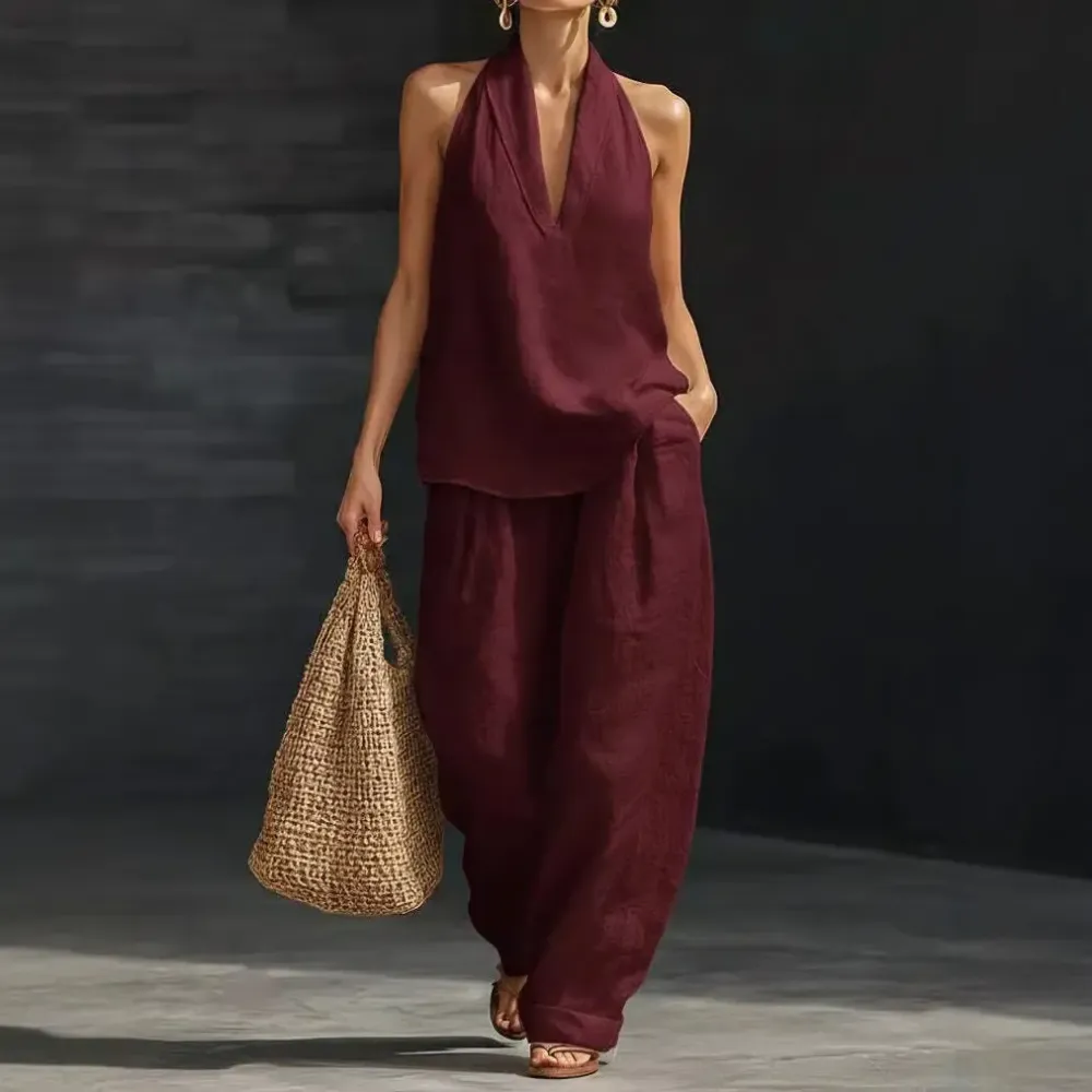 Two Piece Set - Perfect for Beach, Vacation & Brunch! Halter Neck Sleeveless Top Wide Leg Pants Set