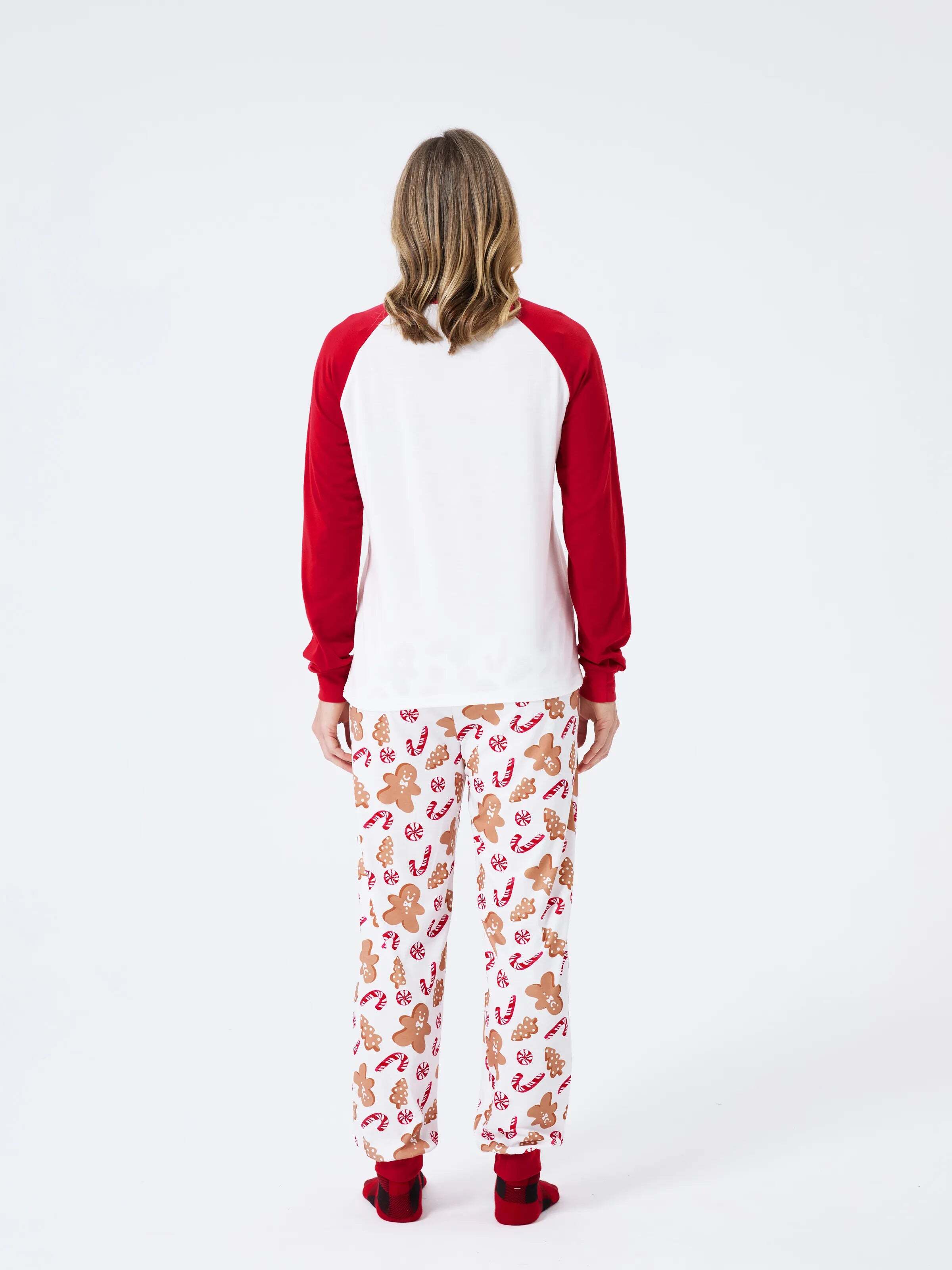 Christmas Matching Family Pajamas Set Gingerbread and Candy Cane Print PJS with Christmas Socks Red