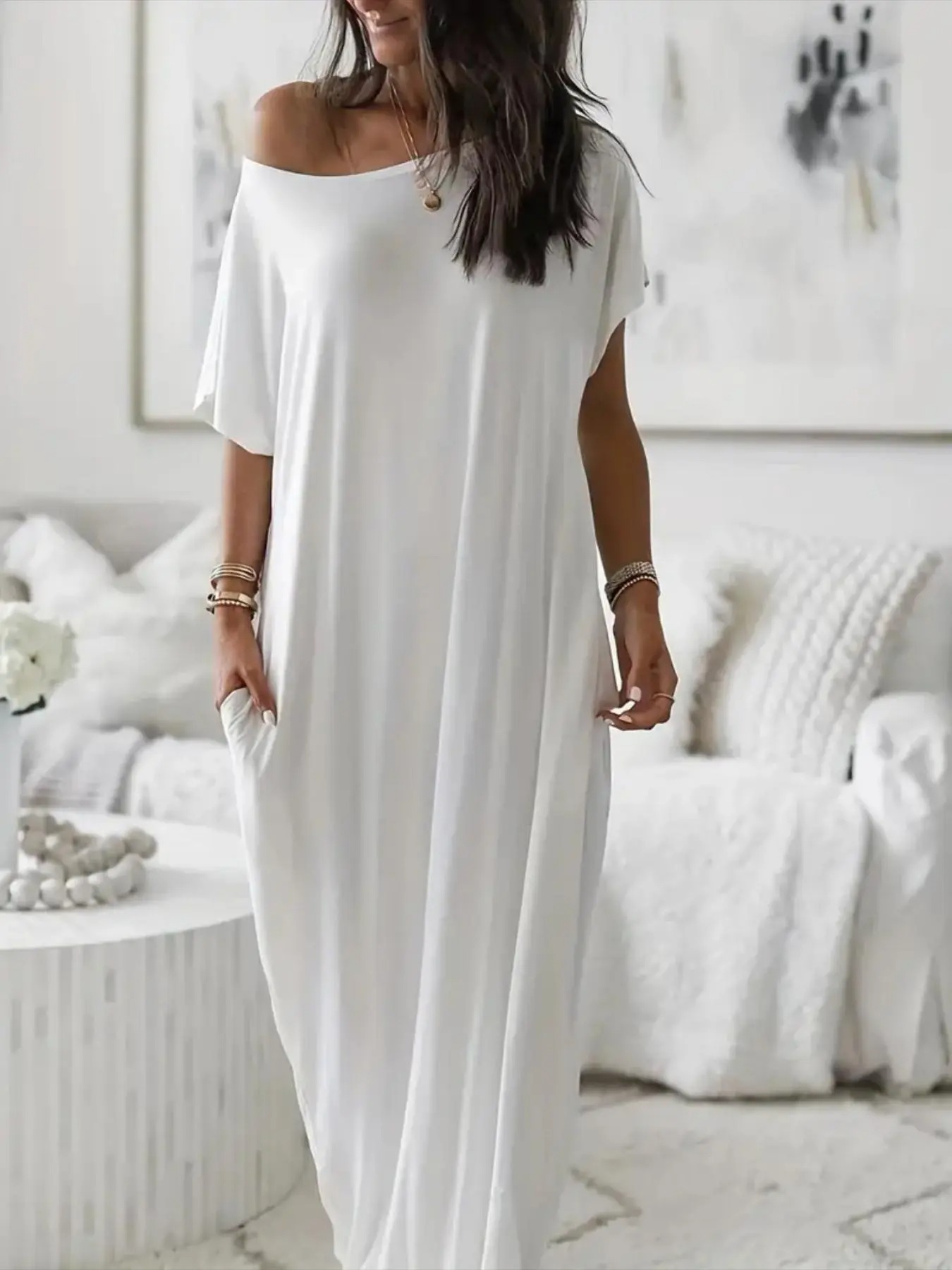 Women’s Relaxed Batwing Maxi Lounge Dress with Pockets