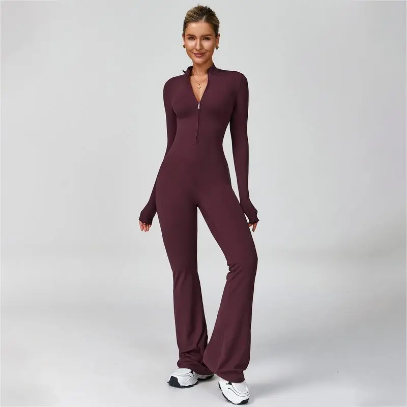 Women's Long Sleeve Flared Sports Jumpsuit - Zipper Jumpsuit