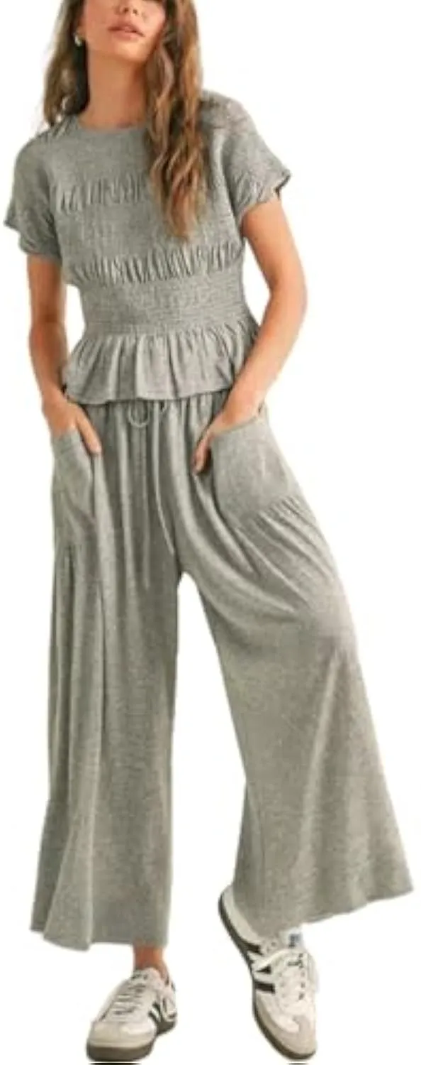 Casual Boho Matching Set Smocked Top & Wide-Leg Pants