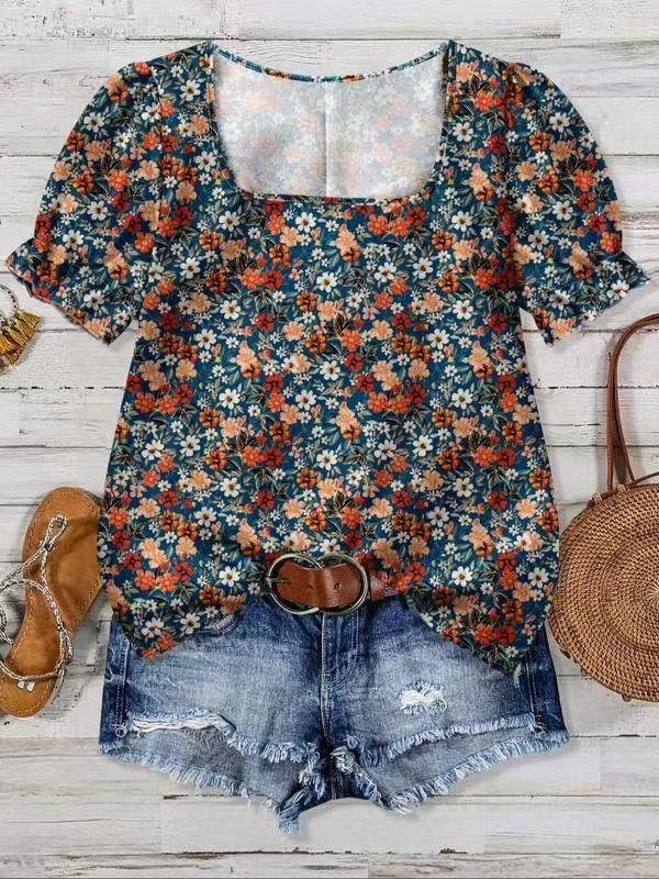 Puff Sleeve Loose Square Neck Floral Elegant T-Shirt