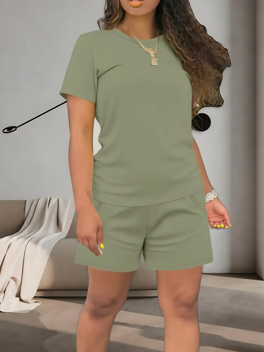 Women's Summer Casual Set, Regular Fit Short Sleeve Top & Shorts, Plain Color Women's