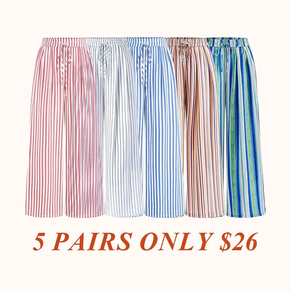 Women's Pants Elastic Waist Striped Lightweight Palazzo Trousers With Pockets Casual Lounge Wide Leg Bottoms