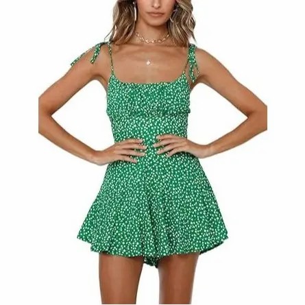 Women's Boho Floral Wide Leg Short Romper – Spaghetti Strap Smocked Jumpsuit
