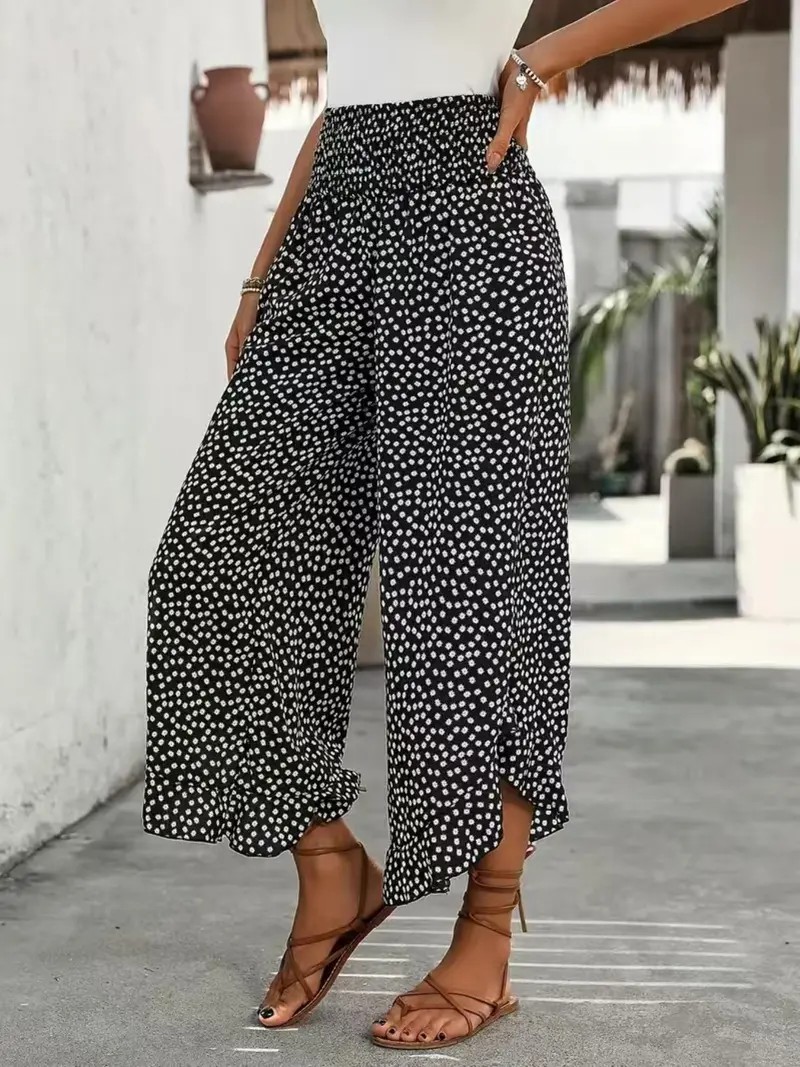 Women's Ditsy Floral Print Wide Leg Pants – Casual Summer Trousers