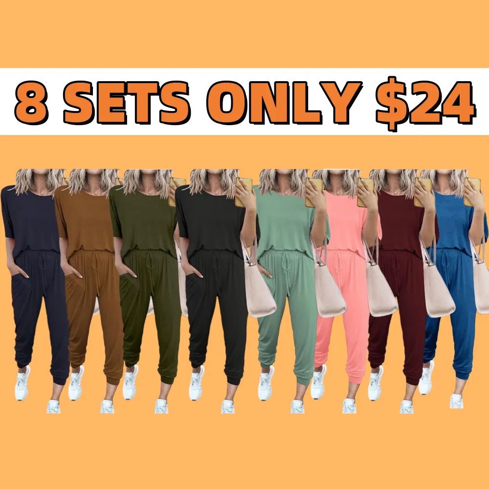 Women's 2-Piece Crew Neck Short Sleeve Tracksuit Jogger Set
