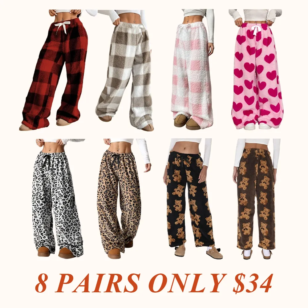 Winter New Vintage Plaid Elastic Straight Loose Thick Warm Casual Pants