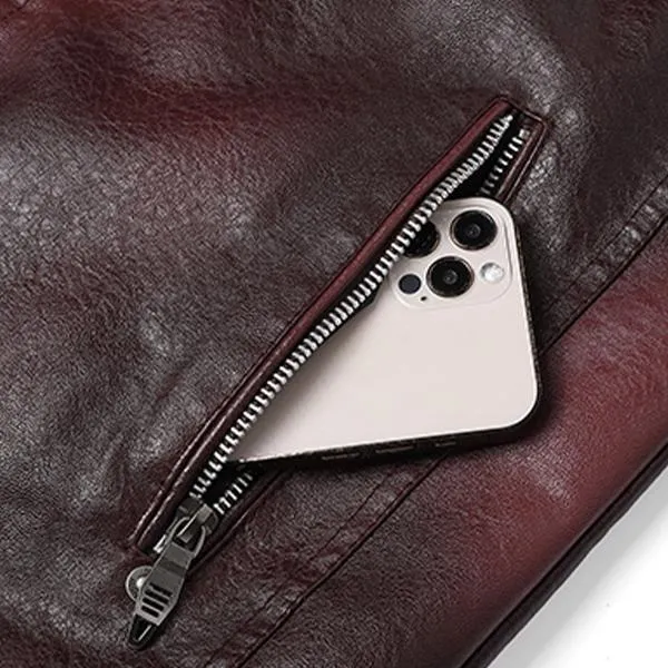 Men's Wine Red PU Leather Motorcycle Jacket - Quilted Details, Multiple Zippers