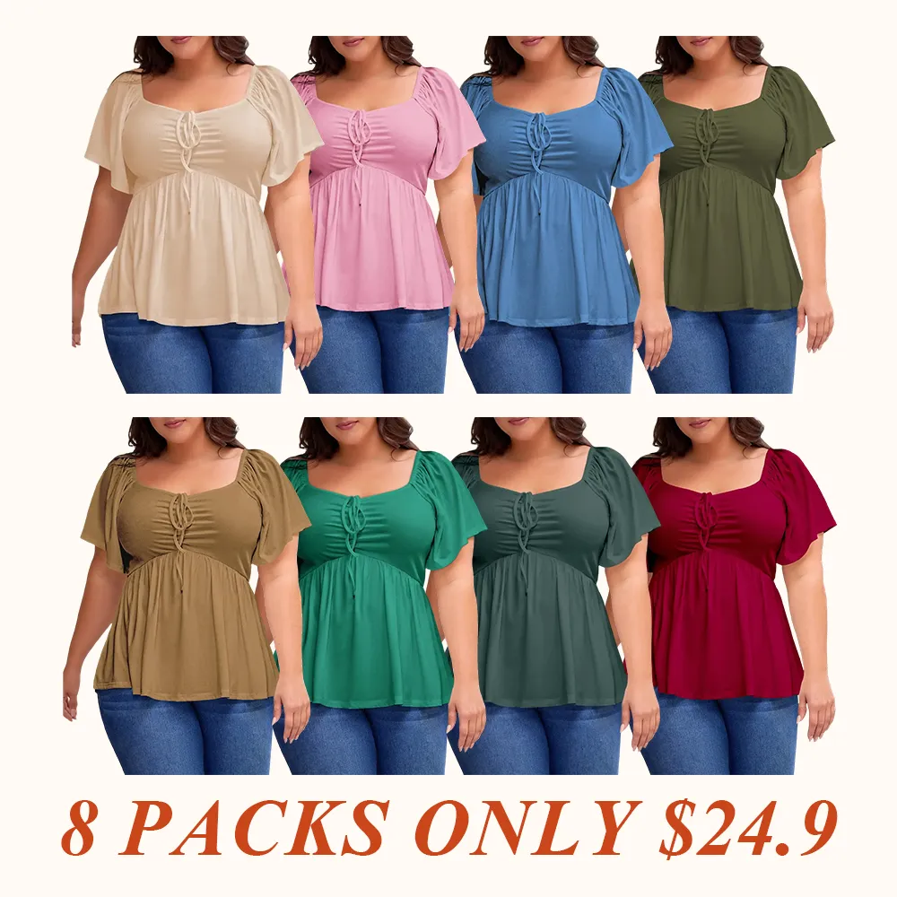 Women Plus Size Sweetheart Neck Short Sleeve Shirred Peplum Blouse Tops Shirts