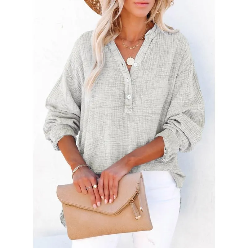 Women's Casual Button V Neck Long Sleeve Shirts Oversized Solid Blouses Tops