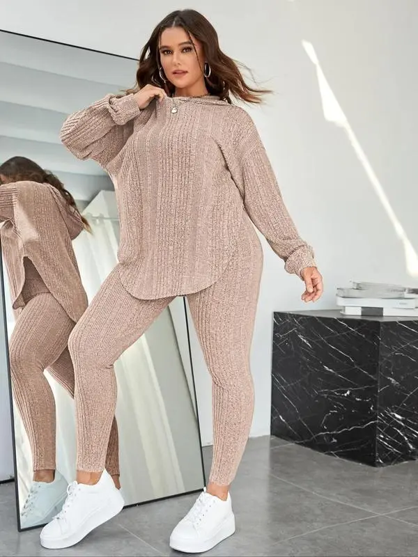 Plain Split Curved Hem Hoodie & Leggings Lounge Two-piece Set