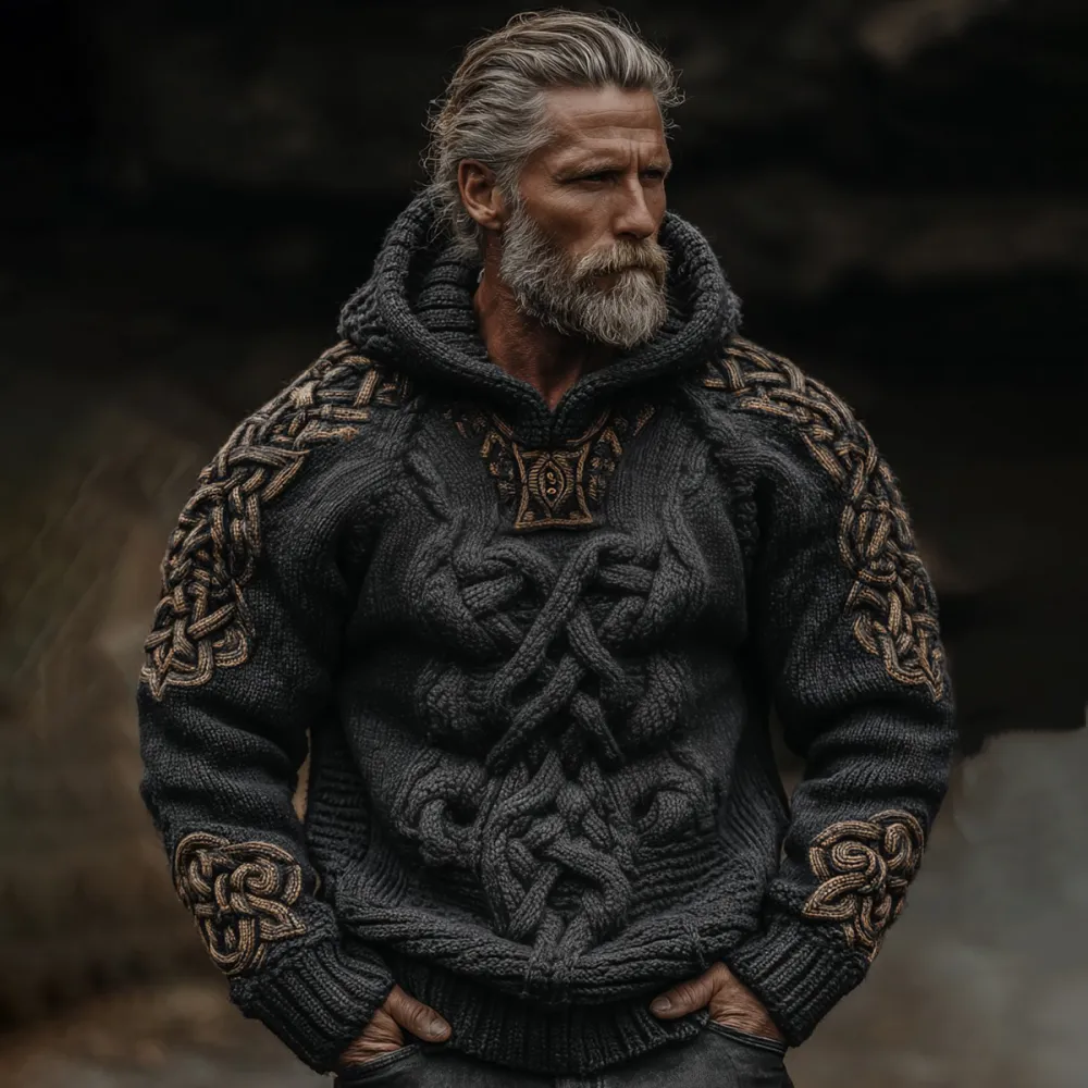 Men's Vintage Viking Celtic Knot Art Knit Hooded Sweater