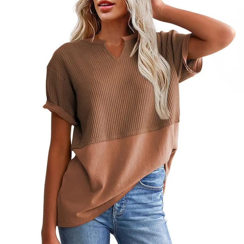 2026 Spring/Summer Cozy Oversized Waffle Knit V-Neck Top Women's Short Sleeve Pullover