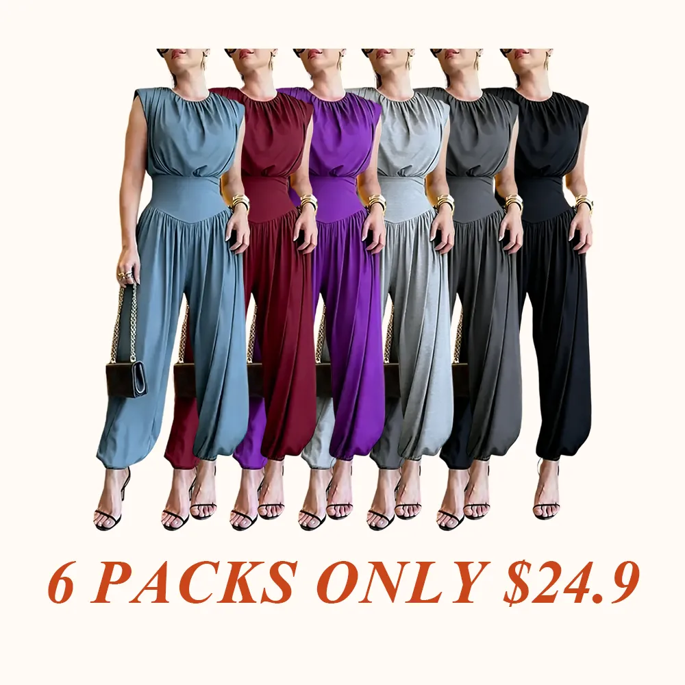 Women's Padded Shoulders Sleeveless Cinched Basque Waist Side High Slit Overalls Casual