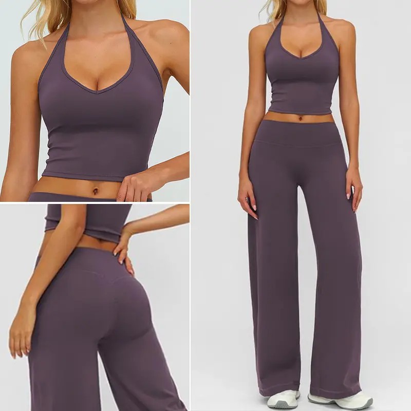 Women's Strappy Crop Top & Straight-Leg Pants Fitness Set – Gym to Casual Wear