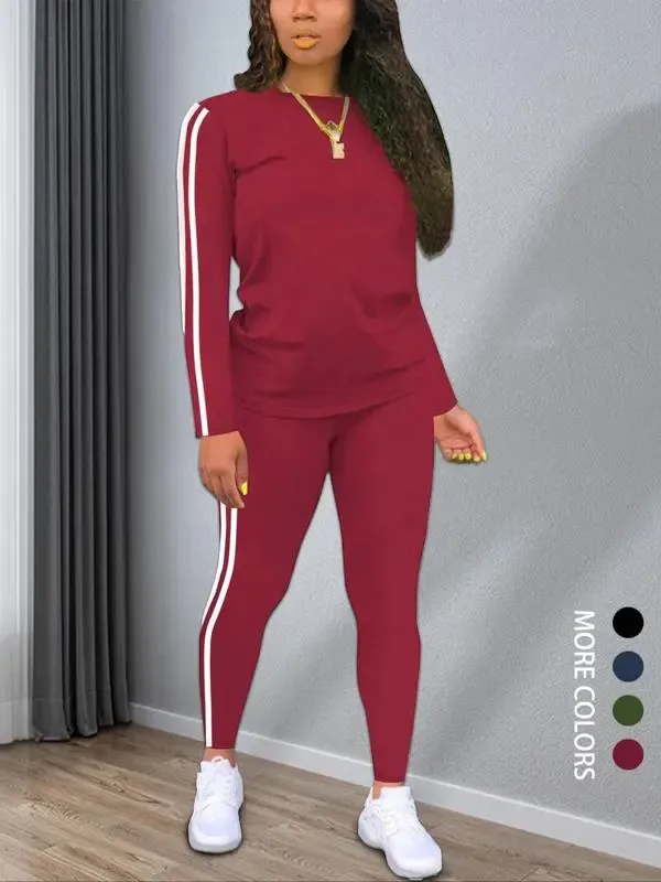 Women's solid color long-sleeved top and pants set