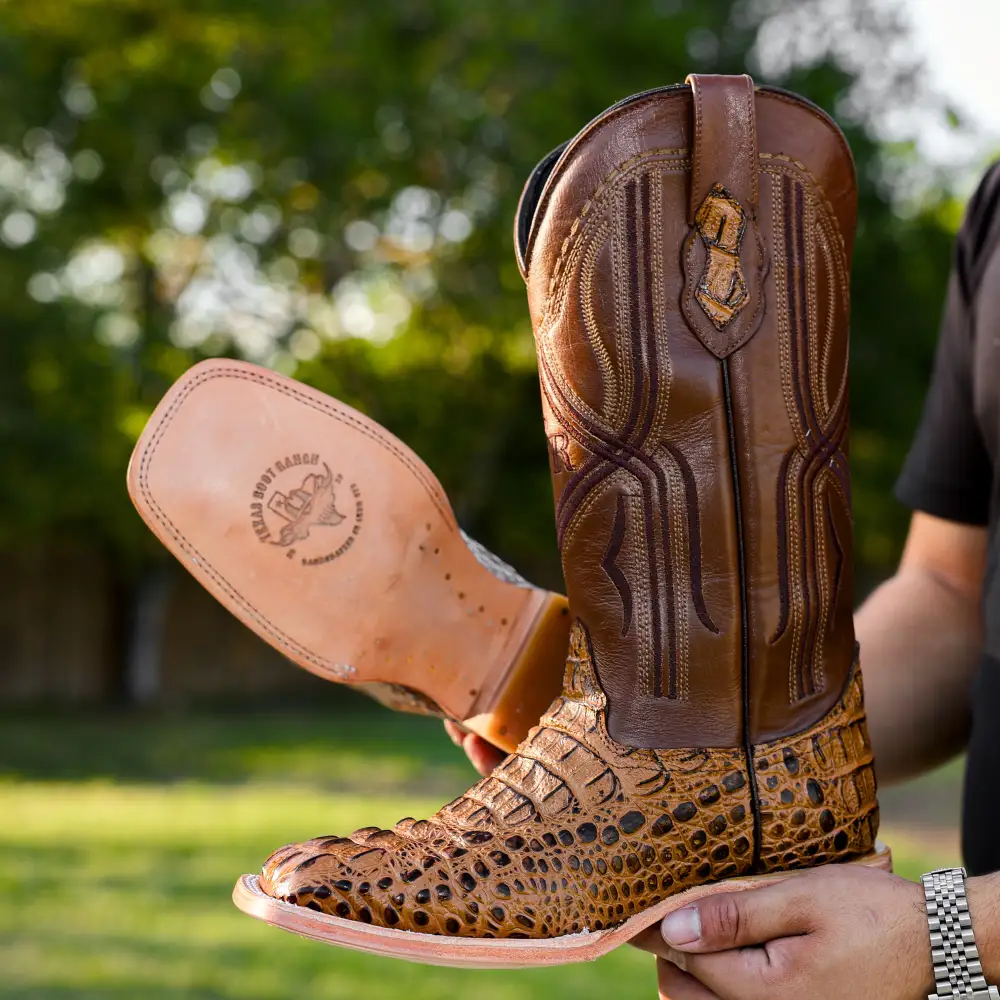 Honey Caiman Neck Leather Boots - Square Toe