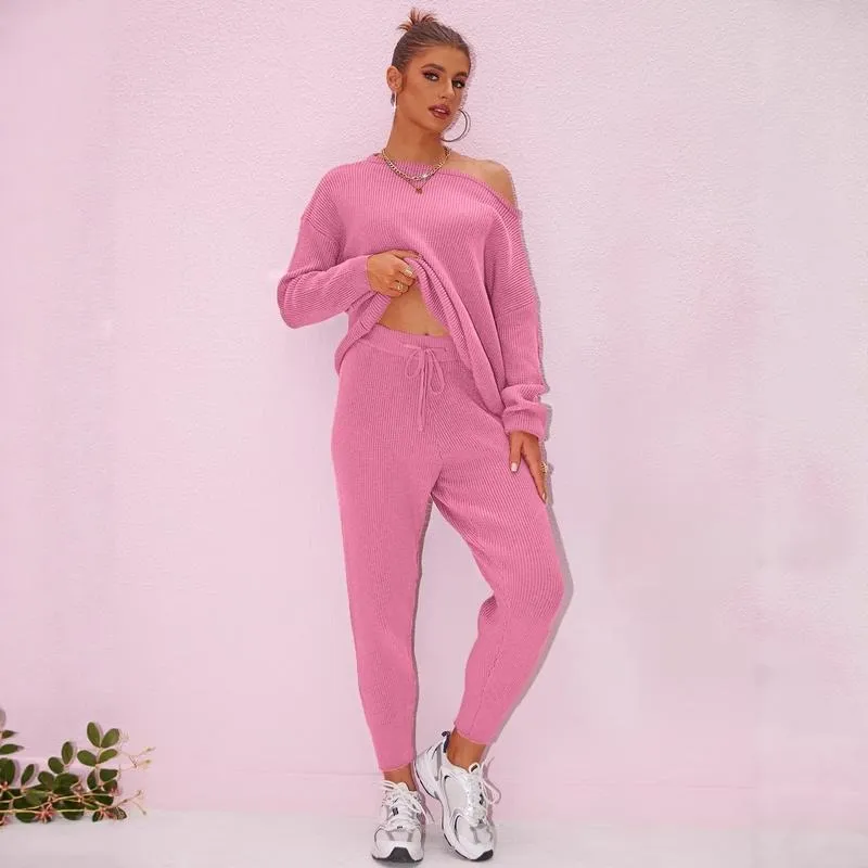 Women's 2025 Fall Winter Knit Set Oversized Sweater & Lounge Pants Matching Sets