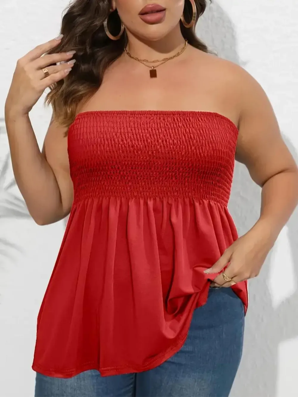 Plus Size Solid Ruffle Hem Shirred Tube Top, Boho Fashion Chic Style Tops, Lady Strapless Top
