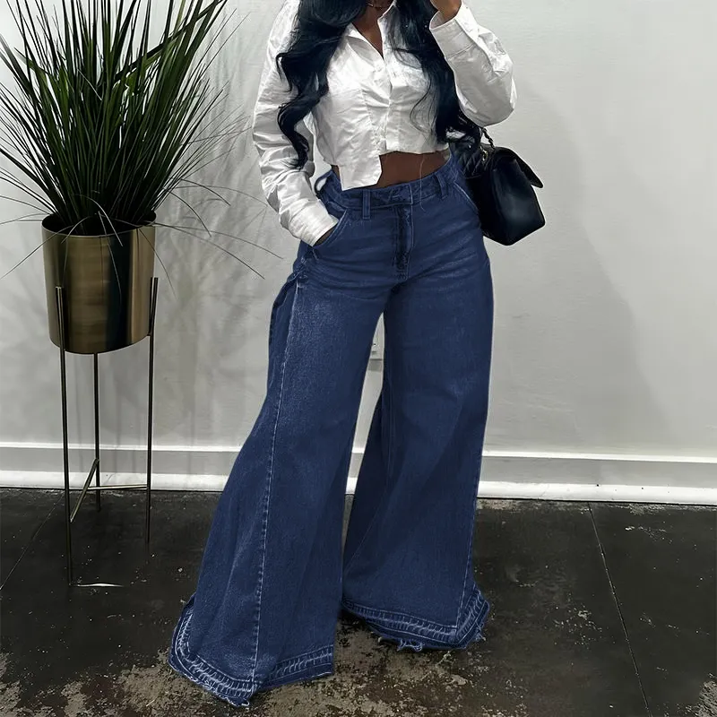 Women Flared Wide Side Loose Jeans High Waist