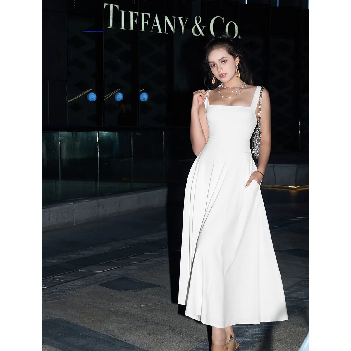 👗👗 Women’s Square Neck A-Line Flowy Dress with Pockets