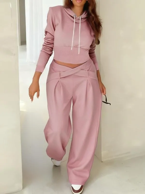 Women's Casual Hooded Sweatshirt Set, Long Sleeve Plain Pullover, Fitted Pants