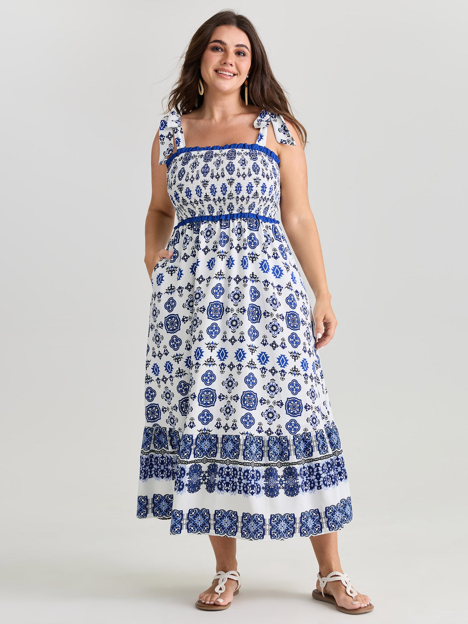 Geometric Boho Print Shoulder-Tie Contrast Maxi Dress