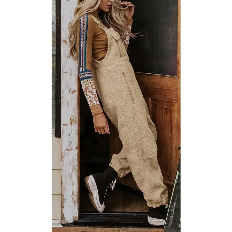 Women's Fleece Warm Overalls Winter Loose Casual Jumpsuits with Pockets