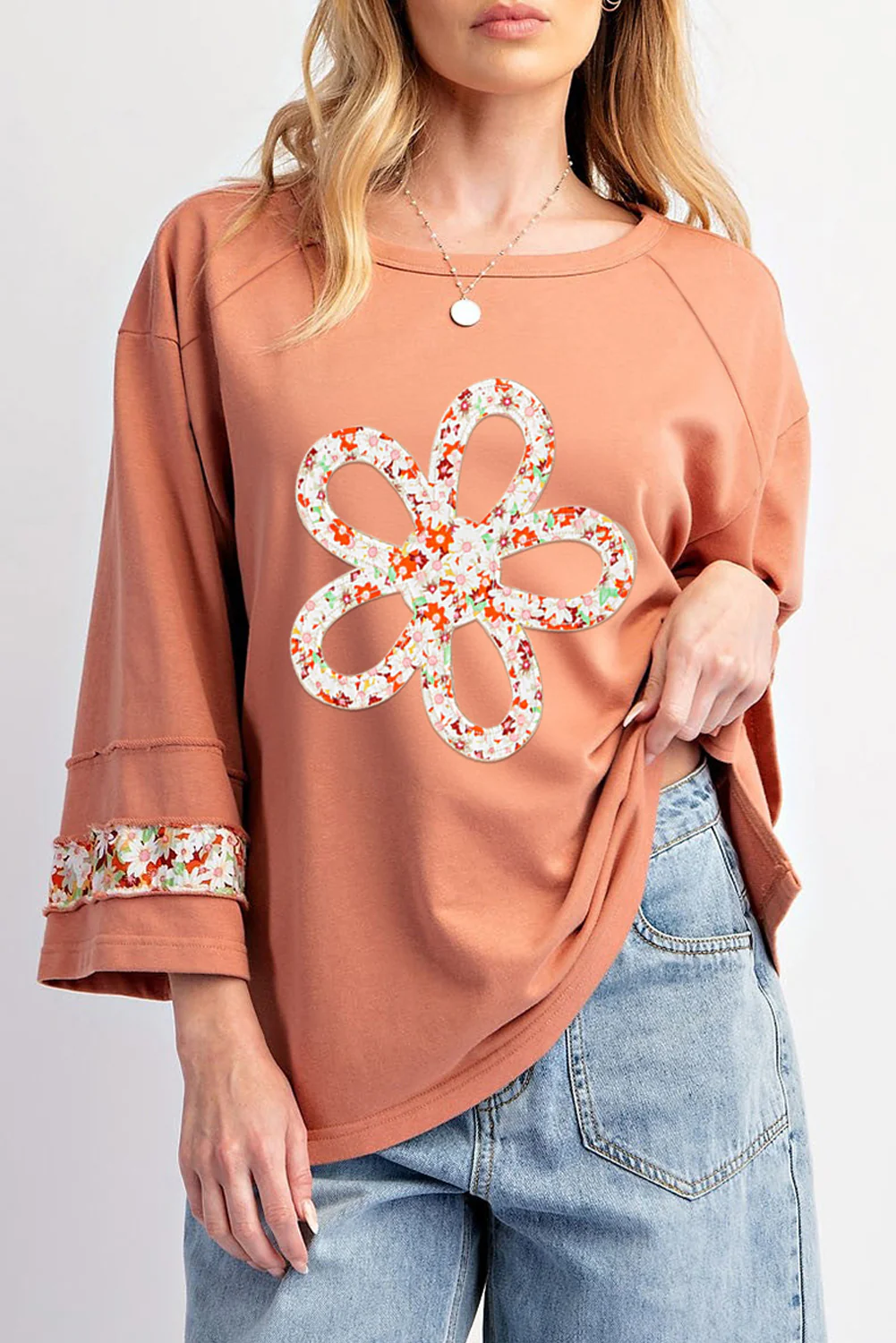Jet Stream Floral Peace Sign Graphic Drop Shoulder Wide Sleeve Casual Top