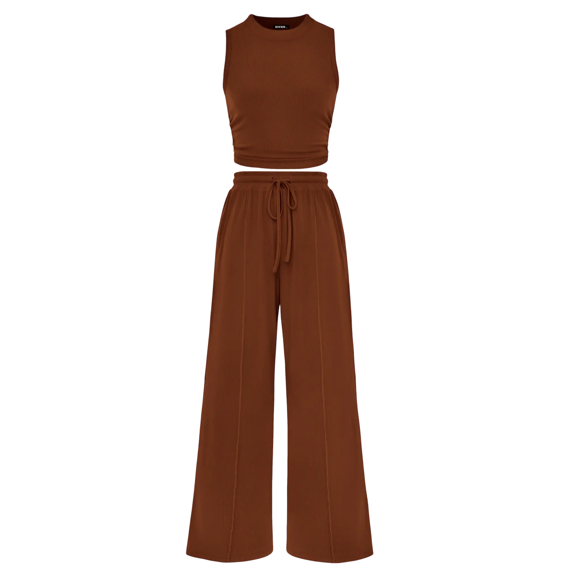 Women's Summer Two-Piece Set — Ribbed Knit Crew Neck Sleeveless Cropped Top