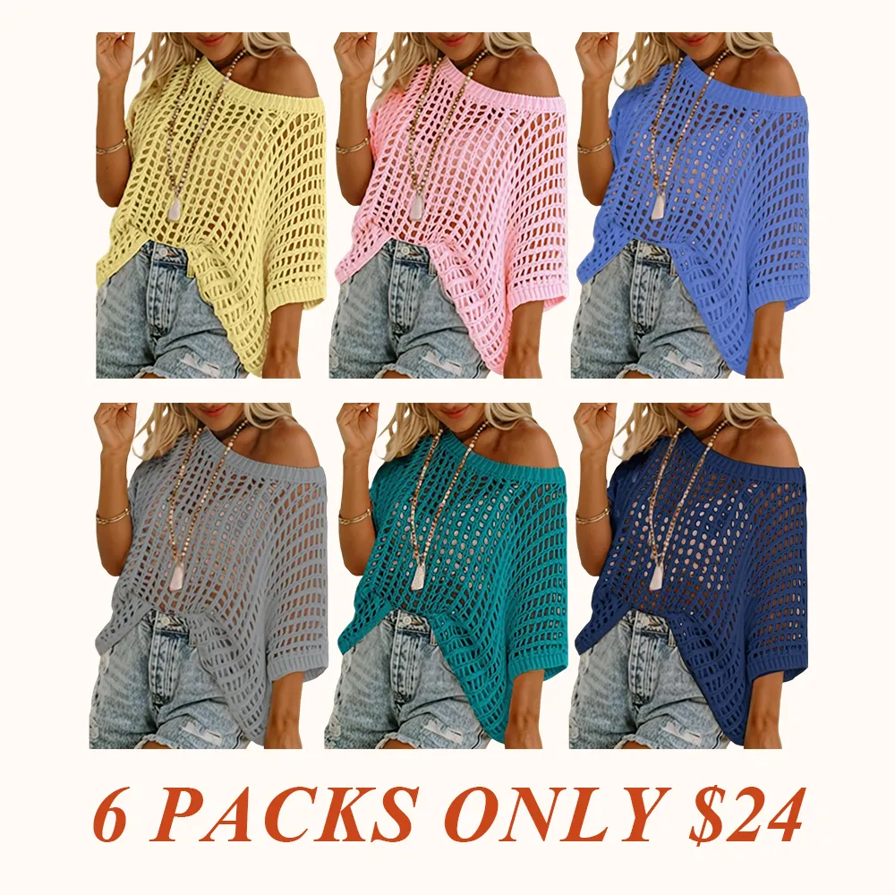 Womens Summer Scoop Neck Short Sleeve Sweater Casual Crochet Hollow Out Knit Tops