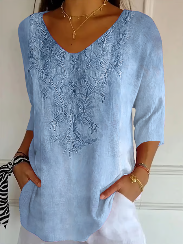 Women Casual Floral V neck Printing Daily Loose Three Quarter Sleeve T-shirts