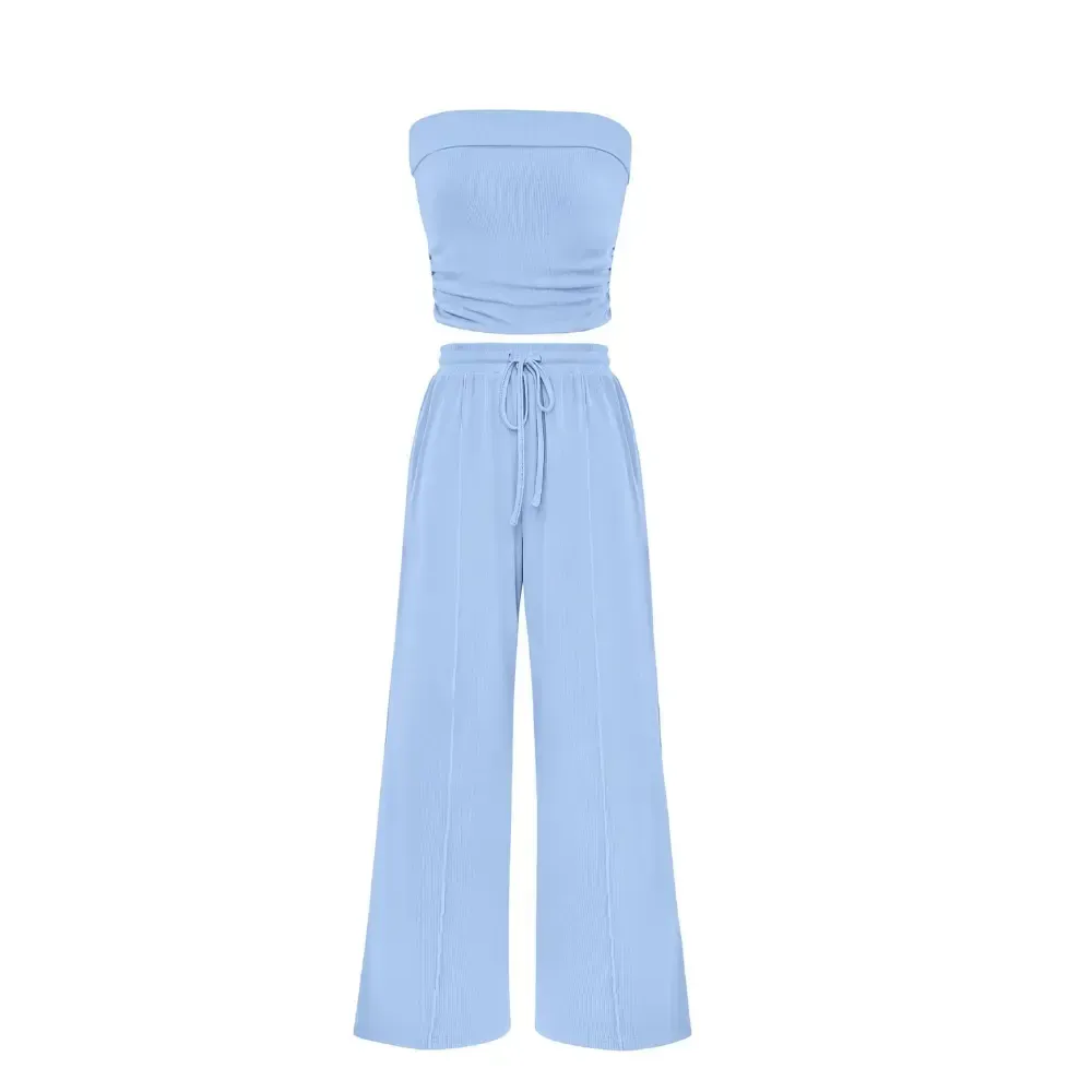 Womens Summer Outfits 2 Piece Sets Casual Ribbed Knit Crop Tube Top Wide Leg Pants