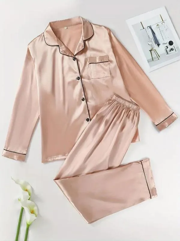 Two-Piece Set Women's Solid Contrast Binding Satin Pyjamas