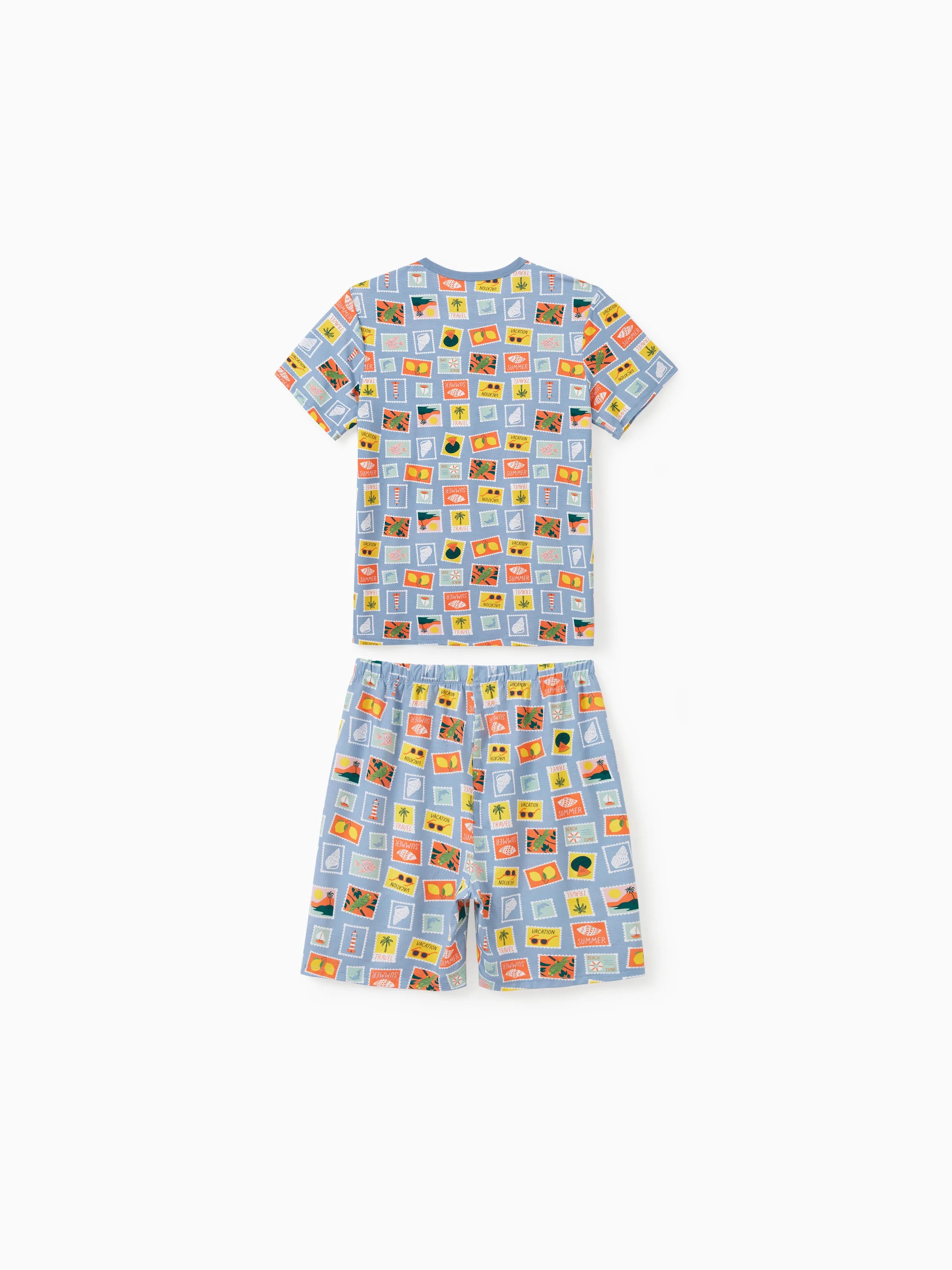Bamboo Family Pajamas Vacation Theme Print Short-sleeve Matching Pajama set (Snug-Fitting for Children) Color block