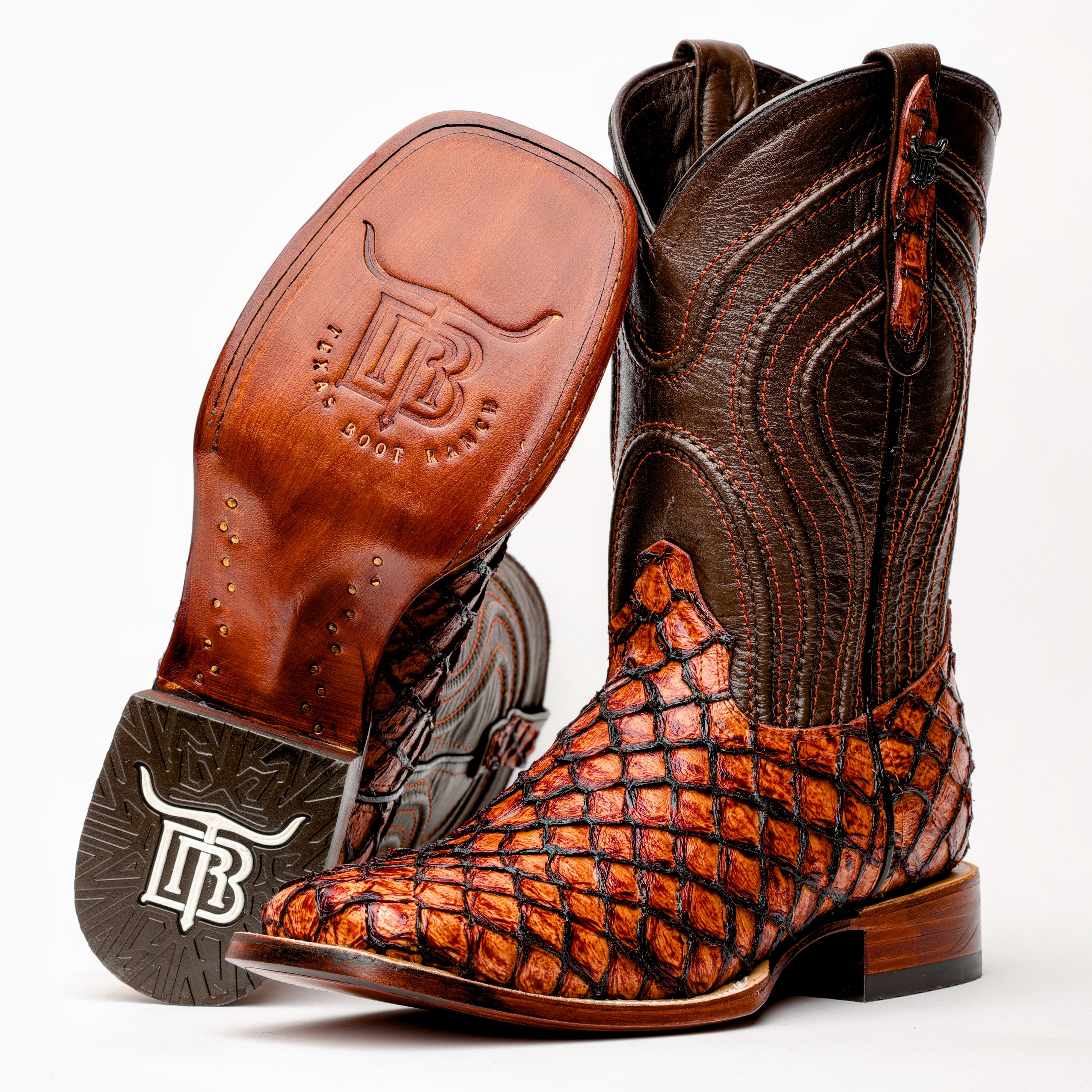 Cognac Mini Pirarucu Leather Boots - Square Toe