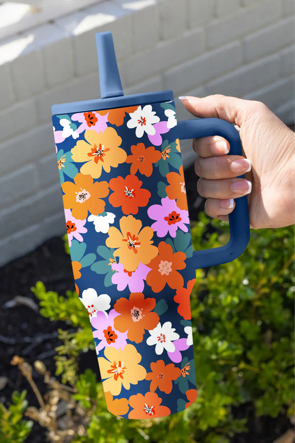 Sky Blue Flower Print Stainless Steel Large Vacuum Cup