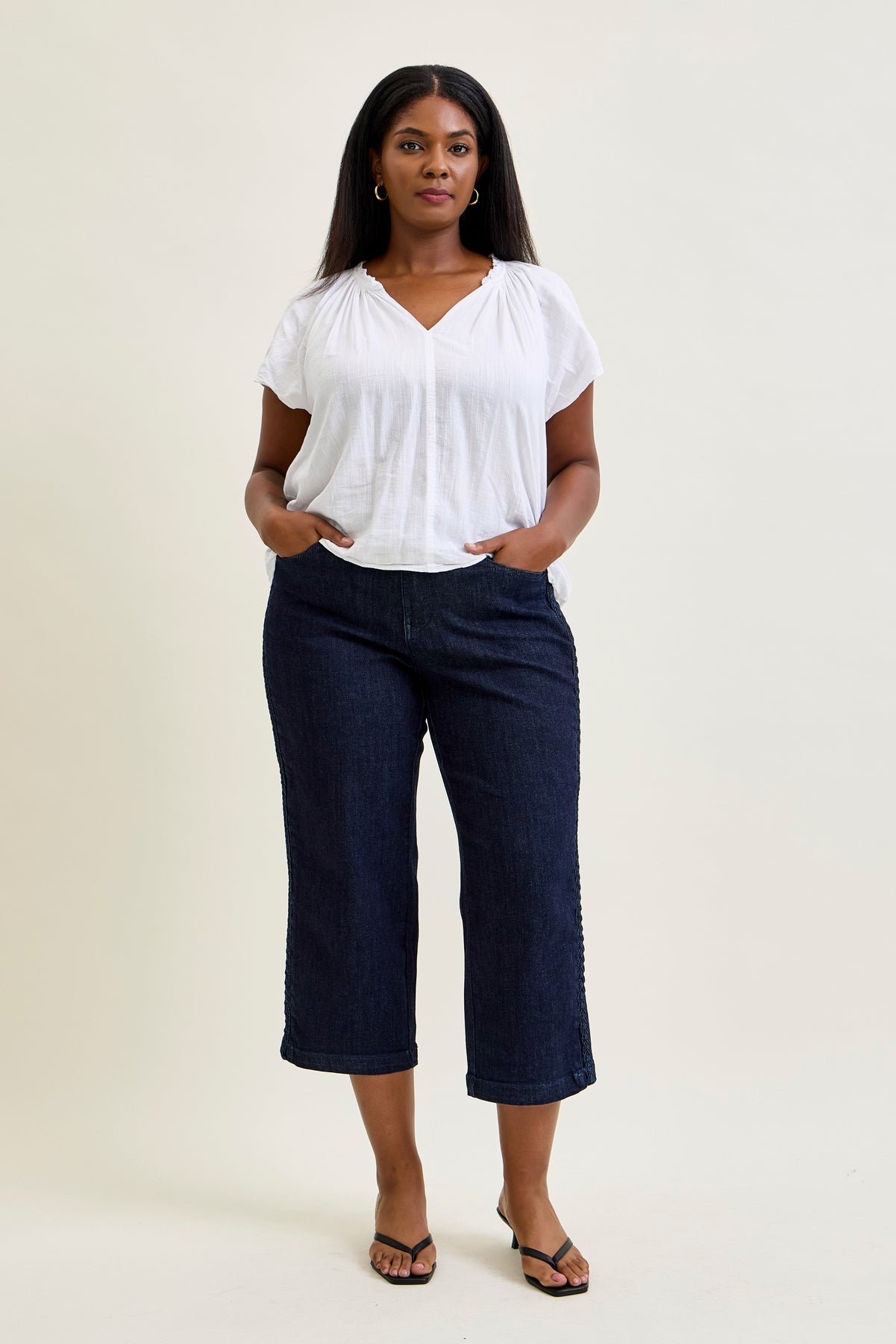 Dottie Side Seam Braid Cropped Wide Leg Jeans - PLUS