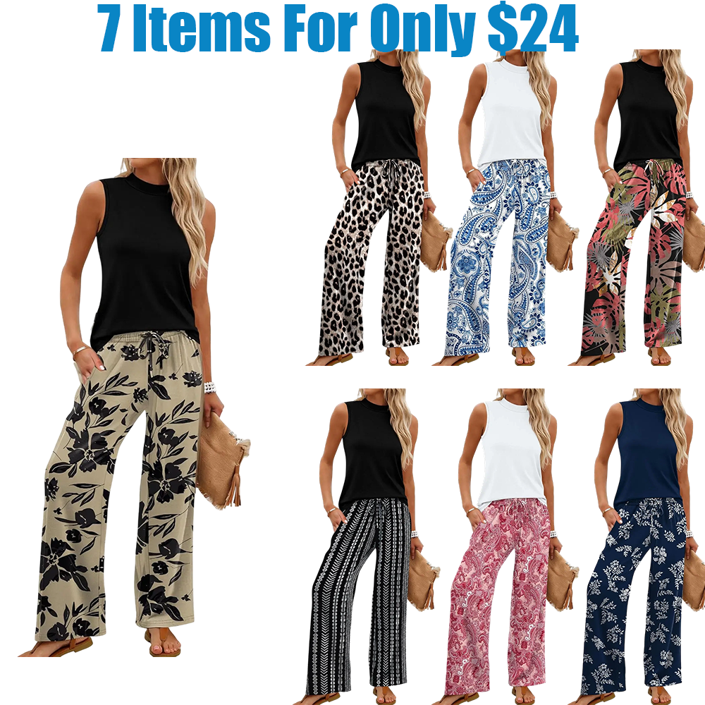 Two Piece Set for Women Summer Spring Outfits Cruise Travel Airport Beach Vacation Mock Neck Wide Leg Pants Set