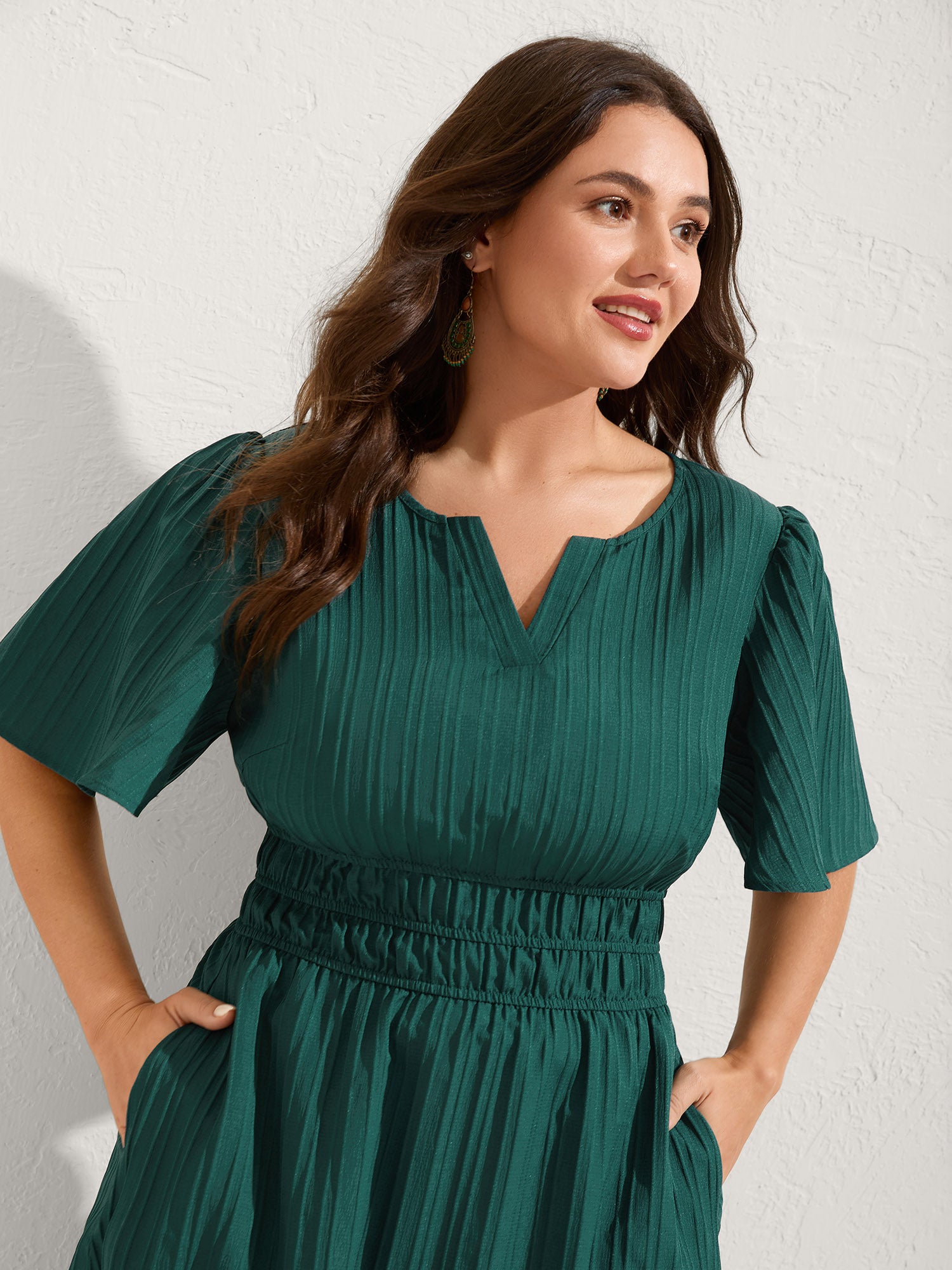 Textured Shirred Cinched Waist Maxi Dress