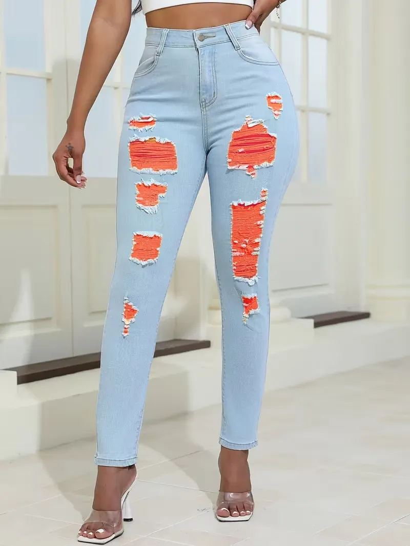 Women's Fashion Yellow Ripped Distressed Skinny Jean Slim Fit Denim Pants