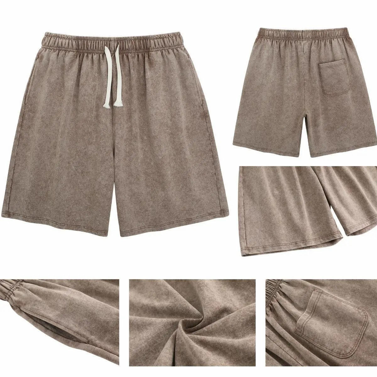 Unisex Acid Washed Cotton Shorts – Heavyweight Elastic Waist Streetwear Sweatpants