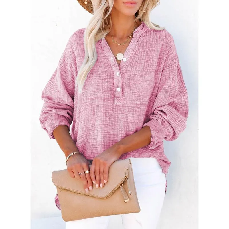Women's Casual Button V Neck Long Sleeve Shirts Oversized Solid Blouses Tops