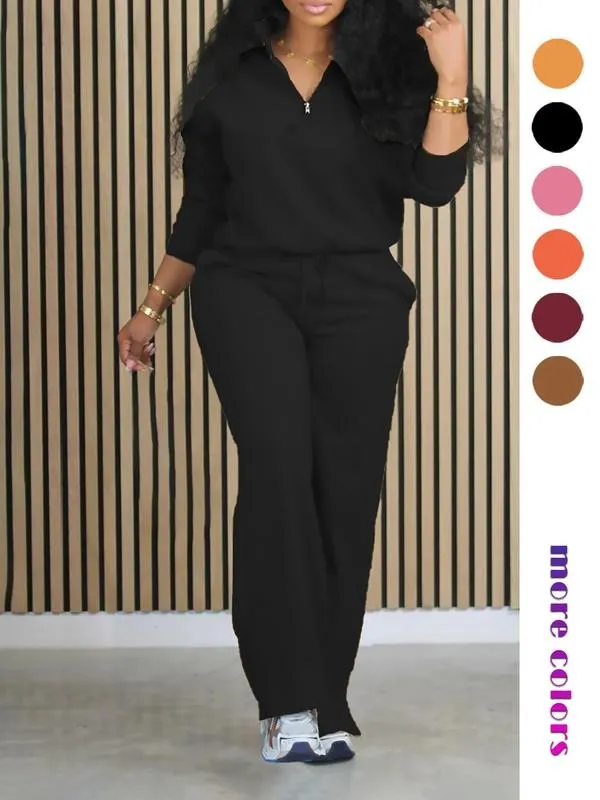 Women's Solid Half Placket Split Hem Pants Set