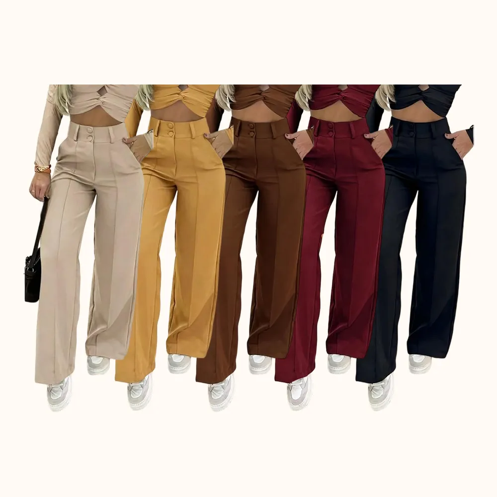 Women's Simple Wide-Leg Pants with Double Button Front